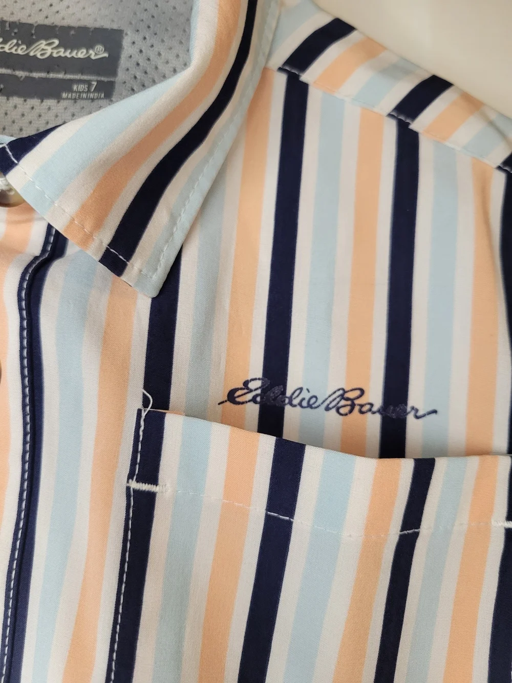 Eddie Bauer Men’s Short Sleeve Stripe Button-Up Shirt - White/Blue/Tan